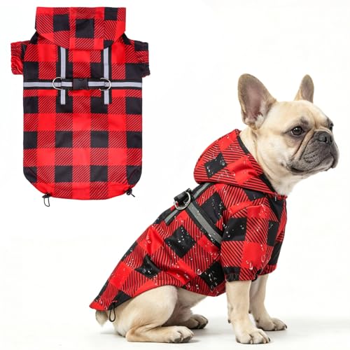 Image of BEAUTYZOO Dog Raincoats for Medium Dogs, Waterproof Rain Jacket with Hood | Puppy Rain Jacket with Harness, Reflective Poncho with Harness Built in, Rain Gear Clothes with Hat for Boy Girl, Red M