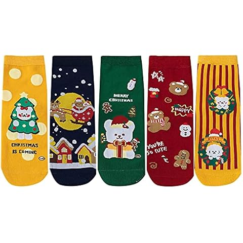 5 Pairs Xmas Socks Christmas Holiday New Year Socks for Women Girls Gifts Cute Fun Cozy Novelty Cotton Knit Crew Cover