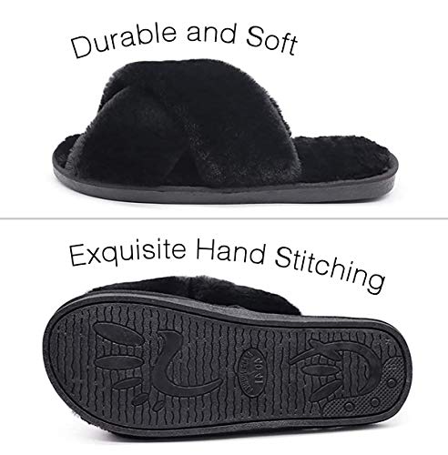 The Season Essentials U-slide Women’s Cross Band Soft Plush Fluffy Furry Fleece House Indoor or Outdoor Ladies’ Slide Slippers4