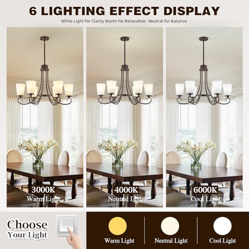 Image of 6-Light Modern Oil Rubbed Bronze Chandeliers for Dining Room 50'' Adjustable Height Farmhouse Pendant Light with Frosted Glass Shades,Brown Chandeliers Hanging Lamp for Kitchen Island Entryway