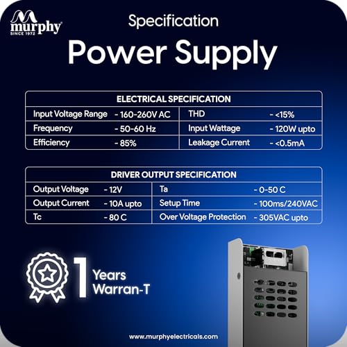 Image of Murphy 10A 12V DC LED Driver (SMPS) | Constant Voltage Power Supply for Indoor LED Strip Lights | Aluminium Body | BIS Approved | Pack of 4 (1-Year Warranty)