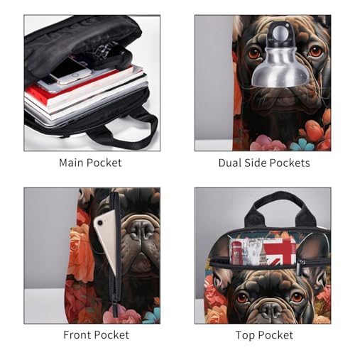 Backpack 14.7 inch Lightweight Large Bookbag Bulldog and Flowers Daypack for Travel Office Work3