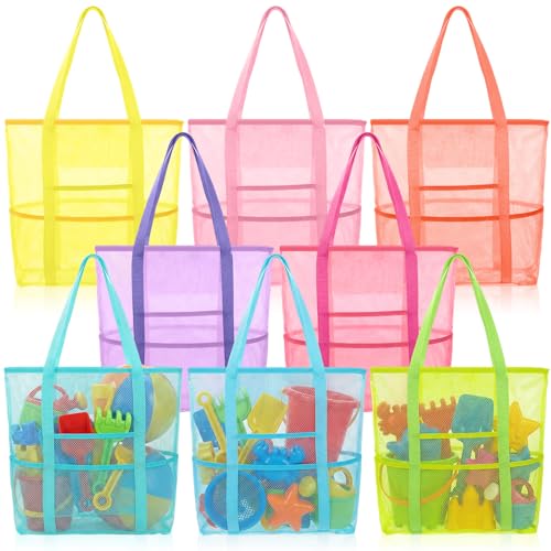 Kinlop 8 Pcs Mesh Beach Bag Large Beach Tote Bags with Zipper Waterproof Sandproof with 8 Pockets for Family Travel Vacation Essentials Toys Bag Pastel Colors
