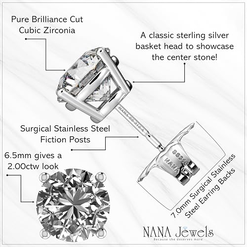 NANA Jewels Simulated Diamond Stud Earrings 3 or 4 Prong Round Cut Solid Sterling Silver Hypoallergenic 0.30-8.00cttw2