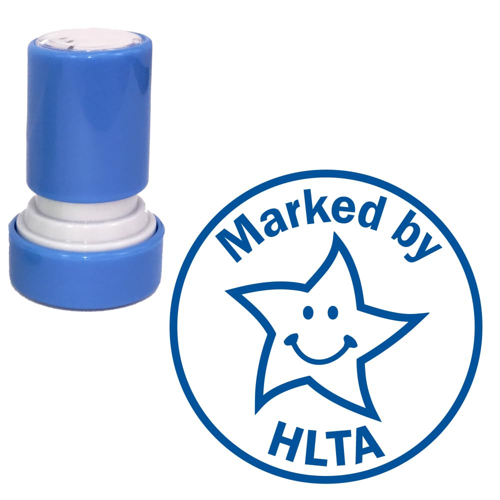 Marked by HLTA, Self-Inking Teacher Stamp (High Level Teaching Assistant). 22mm, Blue Ink, Cute Smiley Star Design