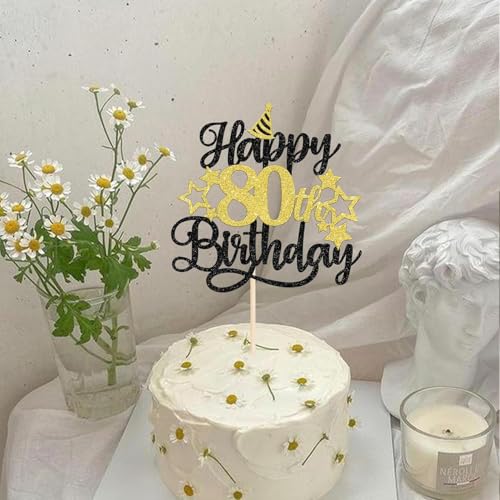 Image of Confetti! Glittering 80th Birthday Cake Topper with Star Hat - Cheers to 80 Years! Fabulous Cake Decorations for Elders 80th Birthday & Anniversary Party Supply