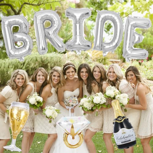 Image of 40inch Bride Balloons Silver Letters Banner, Bachelorette Party Decorations Set with Diamond Ring Champagne Bottle Balloon Glass Foil Balloon for Silver Bachelorette Engagement Wedding Bridal Shower