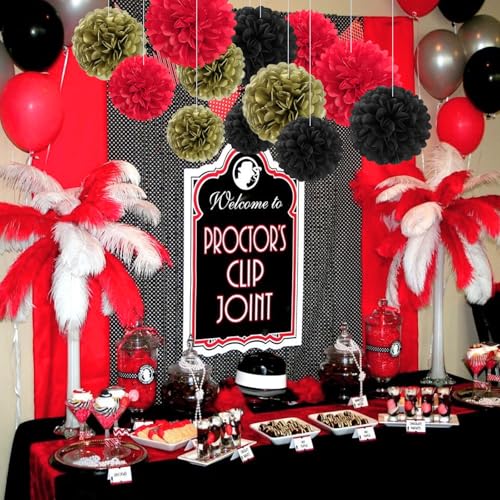 Image of 18 PCS Tissue Paper Pom Poms, Tissue Pom Poms Flowers, Sizes of 6 inch, 10 inch, 12 inch, 14 inch Hanging Paper Flower Ball for Wedding, Birthday, Halloween, Christmas, Baby Shower Party Decor (Red Black Gold)