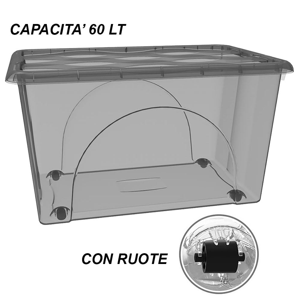 2 Box Portaoggetti Contenitore 60 LT STORAGE Scatole Multiuso 60x40x33 Organizer Salvaspazio con Coperchio Fume 4 Ruote Sovrapponibile cassa organizzazione cesta indumenti Casa Bagno Ufficio