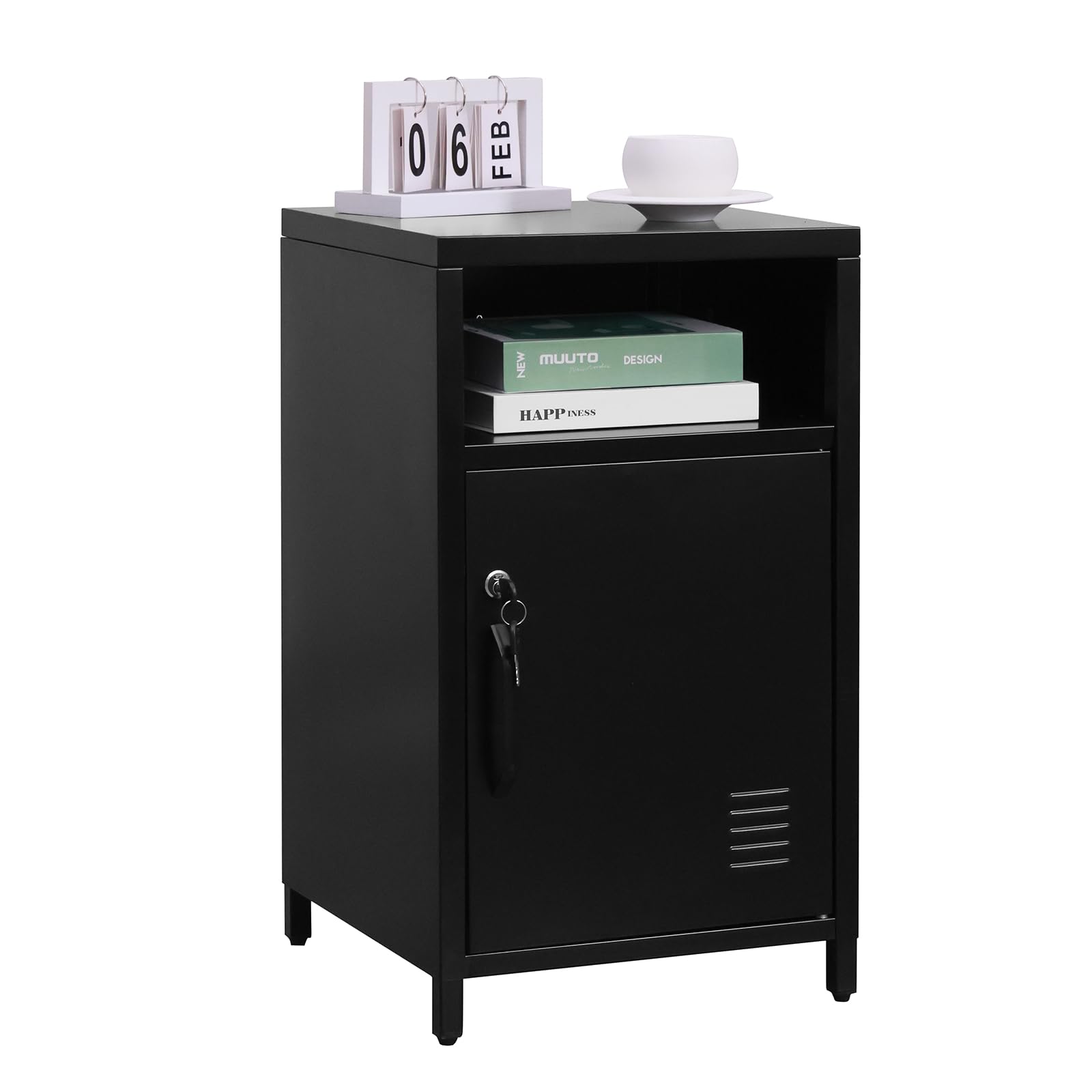 ALBAD Compact Metal Nightstand with Lockable Cabinet and Open Shelf, Modern Bedside Table, Versatile Side Table for Bedroom, Living Room, or Office (