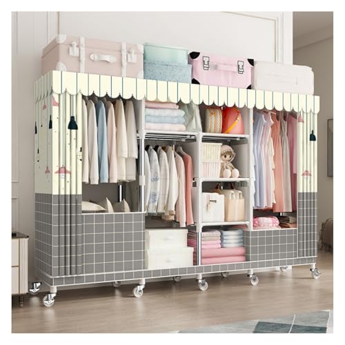 HJJ ワードローブ収納ラック カバー付き スチールフレームとピーチスキン素材 360°ユニバーサルホイール付き 大容量 ジッパーシールデザイン スチールフレームトップ収納 防水 防塵 汚れ防止 組み立て簡単 (スタイルC,200* 45* 170CM)