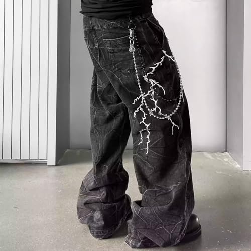 Baggy Jeans Men Graphic Lightning Bolt Y2k Denim Pants Emo Wide Leg Streetwear for Skater Jeans with Metal Chain3