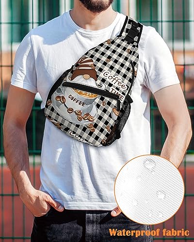 Sling Backpack, COFFEE TIME Gnome and Coffee Cup Black and White Plaid Waterproof Lightweight Small Sling Bag, Travel Chest Bag Crossbody Shoulder Bag Hiking Daypack for Women Men2