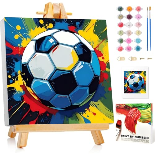 Fußball Malen Nach Zahlen Kinder mit Rahmen Fußball Malen Nach Zahlen Kinder ab 5 6 7 8 9 10 Jahre Malset Geschenk für Mädchen und Jungen - 20x20cm Mit Staffelei