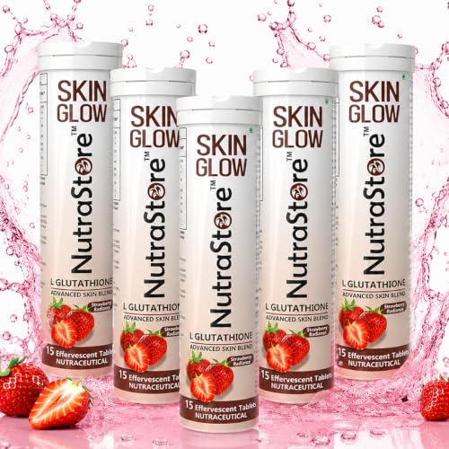 Image of NutraStore Skin Glow | L Glutathione Effervescent Tablets Pack of 5 | With Vitamin C, Hyaluronic Acid, Biotin, Astaxanthin & Zinc | Advanced Antioxidant Skin Blend | Strawberry Radiance Flavor | Glutathione tablets for skin health