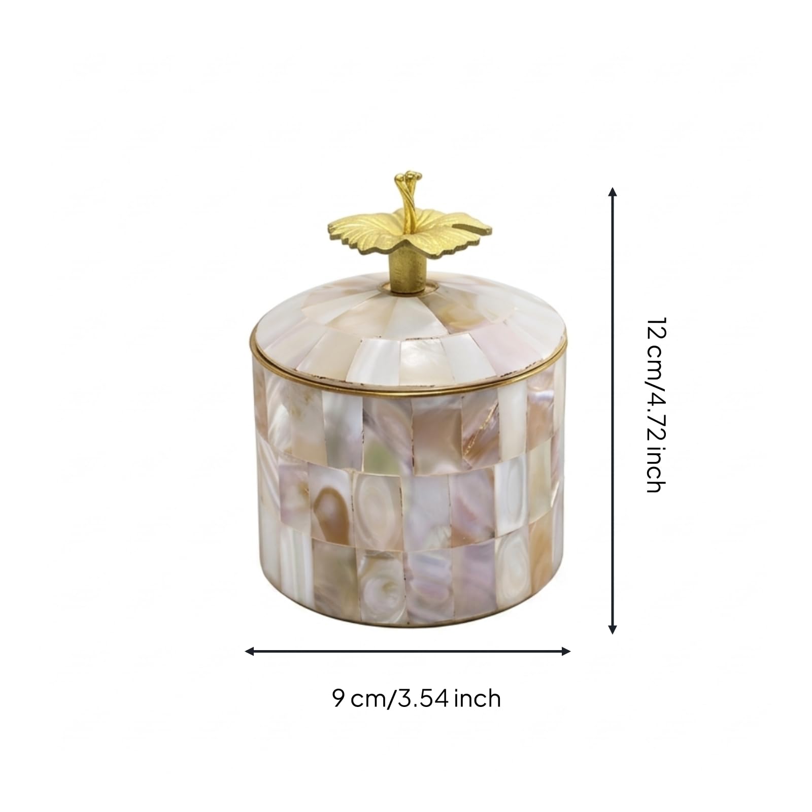Caja Joyería Decorativa + Contenedor Ornamental con Tapa de Latón y Artístico con Banda Asa Fina Adecuada para Tocador, 9 9 12CM, Bote De Latón Con Incrustaciones De Concha