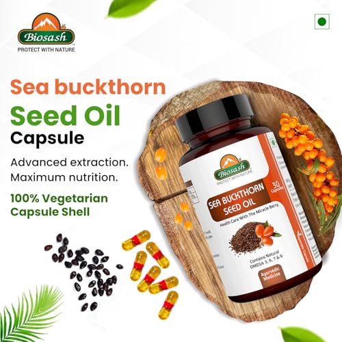 Image of Biosash Sea Buckthorn Seed Oil Capsules 30 Caps | CO2 Extracted from Certified Organic Berries | Omega 3 6 7 9 | Liver Health | Rich in Antioxidants & Vitamins | Skin, Hair, Immunity & Wellness |