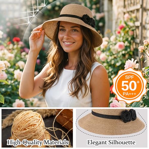Sombrero de paja para mujer con flores crochet miniatura 2