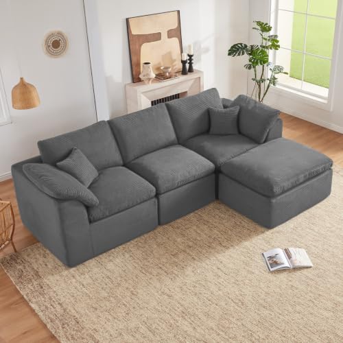 Image of 112 inch Cloud Sectional Couch, Boneless Couches for Living Room, L Shaped Couch with Convertible Ottoman, Modular Sectional Sofa with Deep Seat, Comfy Soft Cushions, No Assembly, Gray