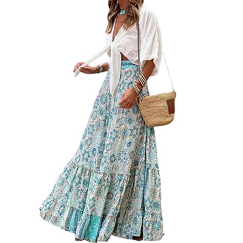 Women Flowy Boho Maxi Skirt Floral Print Pleated Ruffle Casual Long Skirt Beachwear Aesthetic Clothes