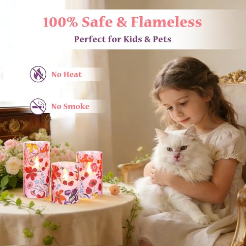 Image of Flameless Candles Glass with Remote Control & Timer Function, Red Multicolor Flower Design LED Candles, Home Party Wedding Christmas Spring Summer Decor, Set of 3