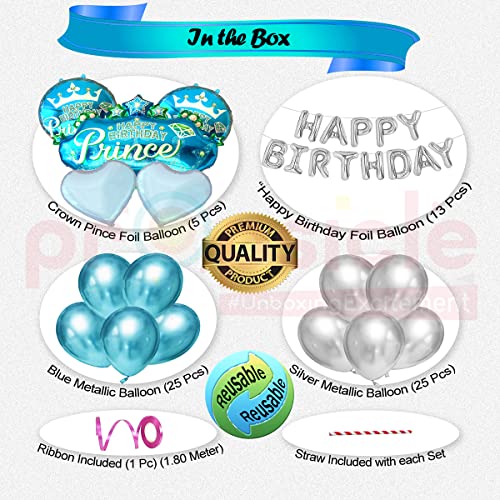 Image of Propsicle Happy Birthday Blue Prince Theme Foil Crown Balloon Bouquet With Silver Happy Birthday Letter Balloon & Blue | Silver Metallic Balloon - Pack of 52