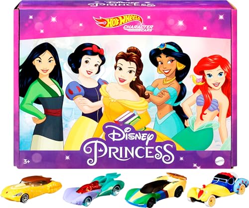 Image of Hot Wheels Disney Princess Toy Cars 5-Pack, Set of 5 Character Vehicles in 1:64 Scale: Mulan, Snow White, Belle, Jasmine & Ariel