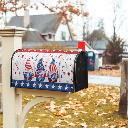 Image of Patriotic Gnomes Mailbox Cover Magnetic 4th of July Elf USA Stars Independence Day Mailbox Wrap Post Cover Large Size 25.5 inchx21 inch for Garden Yard Outdoor Outside Holiday Decor