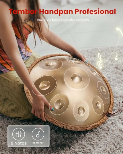 Miniatura 2 de VEVOR Tambor de Mano 55 cm 9 Notas 432 Hz, Tambor Handpan en D Menor con Mazos, Instrumento de Percusión con Bolsa de Transporte para Yoga, Meditación, Educación Musical de Principiantes, Dorado