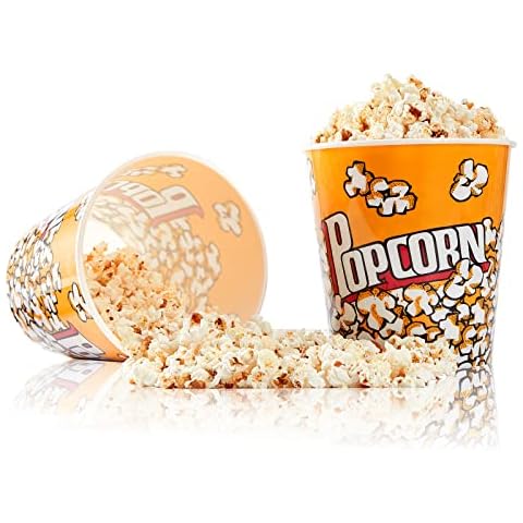 RAYMEA Plastic Popcorn Containers Retro Style Reusable Popcorn Buckets for Movie Night 7.1”x7.1”x5.1” - 2 Pack… Cover