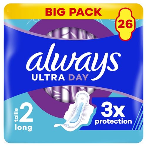 Always Ultra Serviettes Hygiéniques, Taille 2, Long, 26 Serviettes Avec Ailettes, Flux Modérés...