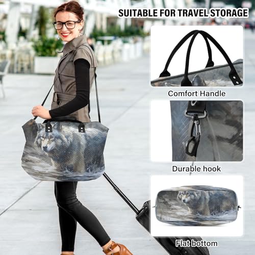 Duffel Bag Set for Travel Gym Sport, Weekender Bag Carry on Overnight Bag for Women Men-River Wolf Print4
