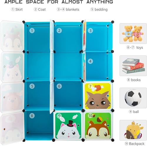 Image of EXVITO Kids Plastic Wardrobe - 12 Door Foldable Almirah for Clothes with Hanging Rod, Collapsible Wardrobe Cartoon Print Cupboard for Baby & Kids Room - KTC3