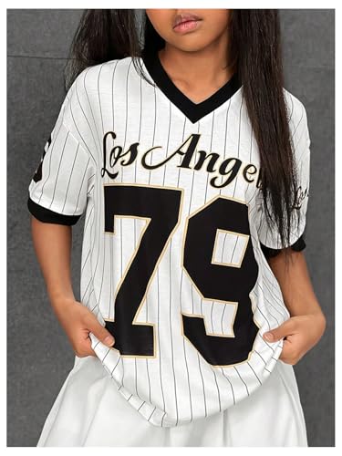 Girl's Jersey Shirt Number Letter Print Jerseys Summer Striped Sport Football Shirt V Neck Loose T Shirt3