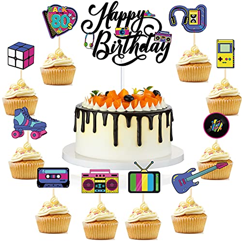 Outus 51 Pcs 80s Cake Topper Retro Cake Decorations 80s Cupcake Toppers for Party Supplies