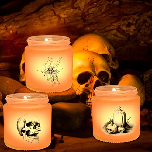 Image of BILOLLY 3 Pack Halloween LED Candles Decorations Indoor, Spooky Home Decor with Skulls, Spiders, Crow, Halloween Scented Candles for Home, Party, Holiday