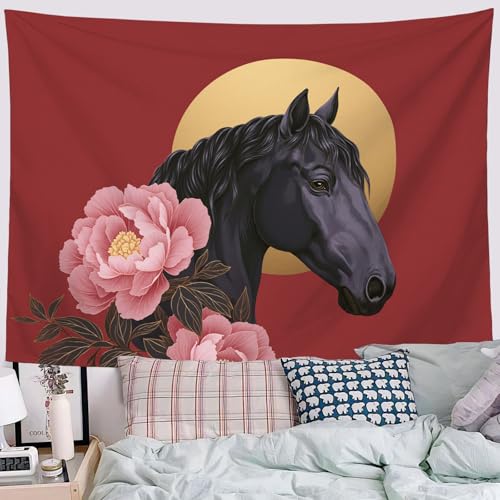 Tapiz grande de tela roja con peonía oriental y caballo de 230x150 cm para decoración mural 4
