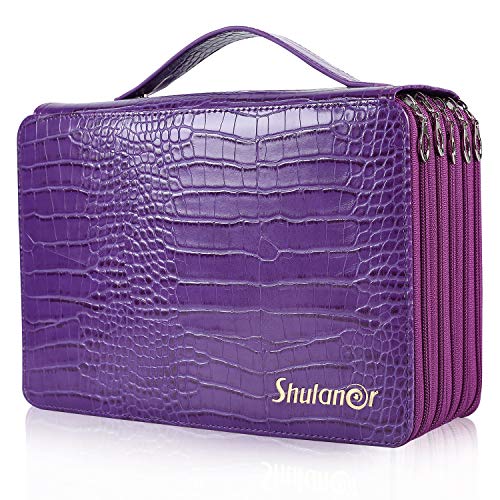 Estojo organizador de lápis colorido com 250 compartimentos da Shulaner com zíper de couro PU grande capacidade para caneta para estudante ou artista Croco roxo