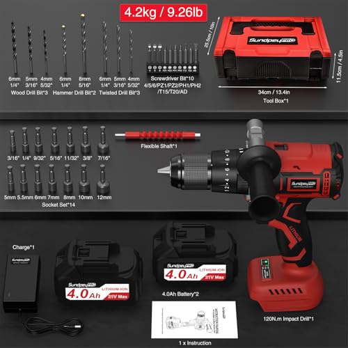 1060In·lbs Brushless Impact Drill Cordless - 20+3 Torque 21V Hammer Drill Cordless with 2 X 4.0 Ah Battery - SundpeyPRO Electric Power Drills Set with 2 Speeds & 1/2 Inch Self-Locking Metal Chuck