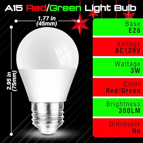 Image of Red Green Light Bulbs 25w-40w Equivalent, Christmas Light Bulb(1Red+1Green) | 120V 3W E26 Red Light Bulbs Green Light Bulb for Christmas Halloween Holiday Party Wedding Porch Decoration, Non-Dimmable