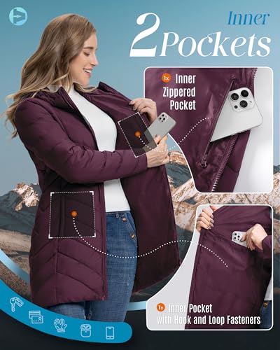 Outdoor Ventures Damen Wintermantel Langer Warmer Steppmantel Leicht Parka Wasserdicht Winterjacke mit Kapuze Funktionsjacke Übergangsjacke Weinrot XL