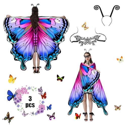 Schmetterling Kostüm für Damen Erwachsene - 3-Teiliges Set Mit Spitze Maske für Halloween, Karneval, Party, Cosplay, Weihnachten (RoseBlau)