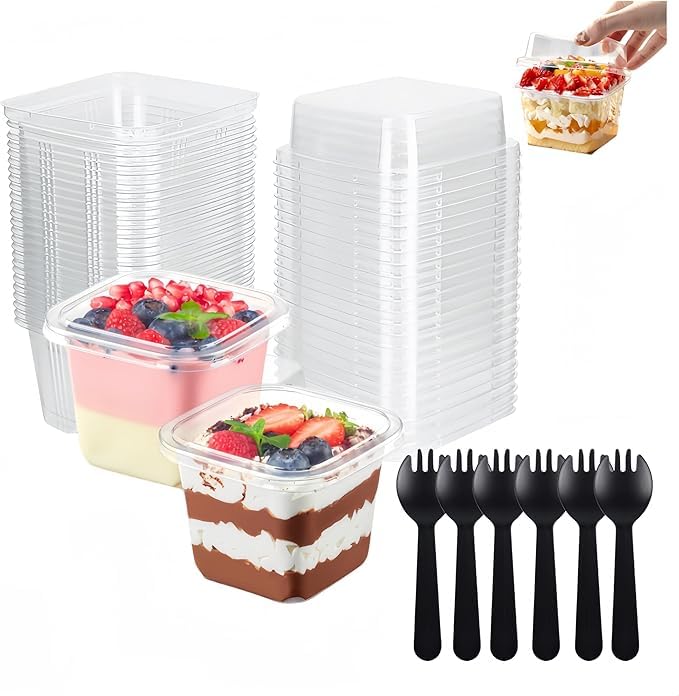 CAASFOOY tasses carrées transparentes 50 pièces 8oz, Monoportion bonbons finger food, cuillère, puddini, crème glacée, mousse