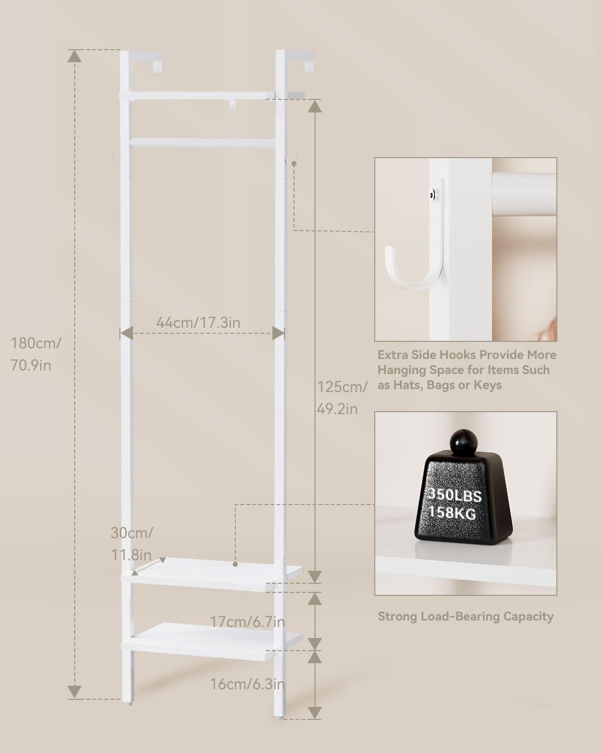 YMYNY Appendiabiti da Parete, Mobile da Ingresso, Alto 180CM Attaccapanni da Terra, Attaccapanni Muro Scaffale, per camera da letto, soggiorno, Stile Industriale, Bianco HGR003W