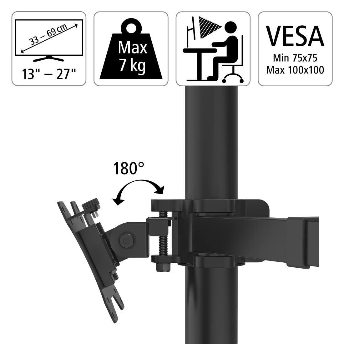 Hama | Soporte para 3 Monitores de 13" a 27", VESA 75x75-100x100, Negro
