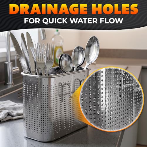 Image of Large 2-Compartment Chopstick Holder for Dishwasher, Stainless Steel Basket | Perforated dishwasher chopstick basket and utensil caddy for straws, teaspoons, small tools, 2 compartments with hooks