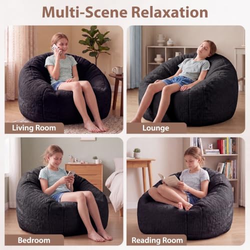 Image of HUGHEAVEN Medium Memory Foam Bean Bag Chair for Teens & Kids - 3ft | Fluffy Floor Chair Lounger, Cozy Faux Fur Reading Nook Chair, Comfy Beanbag Sofa Couch, Floor Seating Foam Seat with Filler