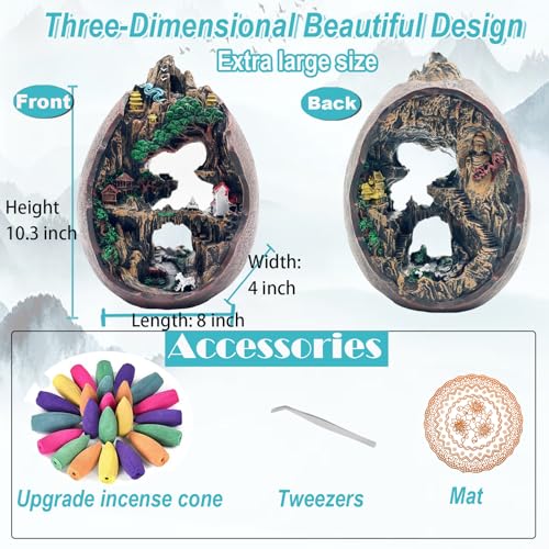 Mountain Waterfall Incense Burner，Backfall Incense Holder River, Incense Falls Meditation Decor for Room with Upgrade Incense Cones and Accessories (2side)