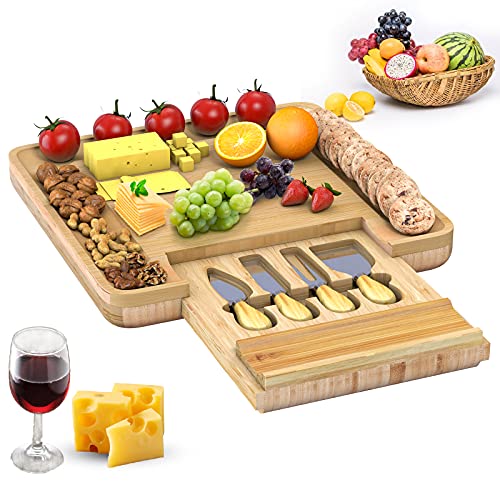 Cheese Board,BambÃ¼si Premium, Bamboo Cheese Board,Charcuterie Serving Board Platter and 4 Stainless Steel Knife Set with Hidden Slid-Out Drawer Perfect Choice for Mothers Day, Housewarming(Square