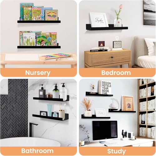 Image of Acrylic Floating Wall Shelves, 15 x 4 x 2.5 in, Clear, Set of 2, Modern Wall Mount Display Shelf (Black, 15, 6)